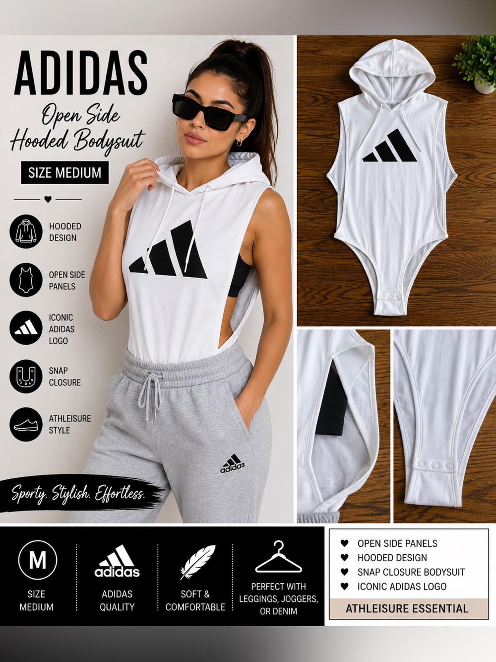 Adidas White Hooded Open Side Bodysuit Size Medium Athleisure Logo